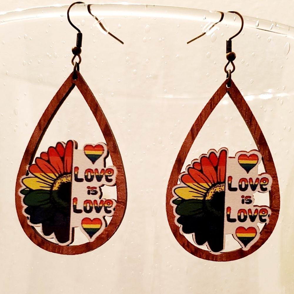 Pride Rainbow Dangle Wooden Earrings Teardrop LGBTQ Lesbian Gay Jewelry Hearts